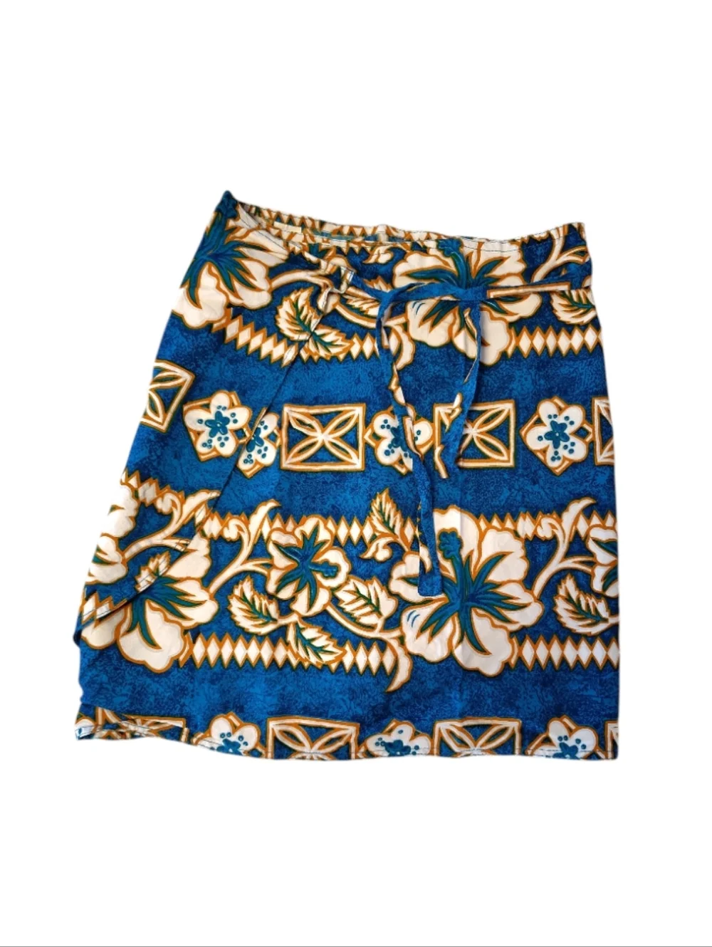 VTG Blue Gold Hawaiian Two Piece Top & Wrap Skirt‎ Cover Up Swim Set *One Size